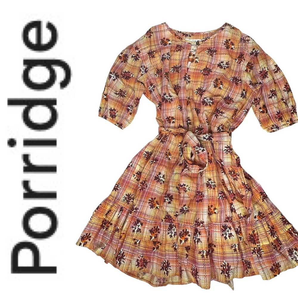 Nwot Anthropologie Porridge Purple/Orange Plaid Waist Tie Dress S